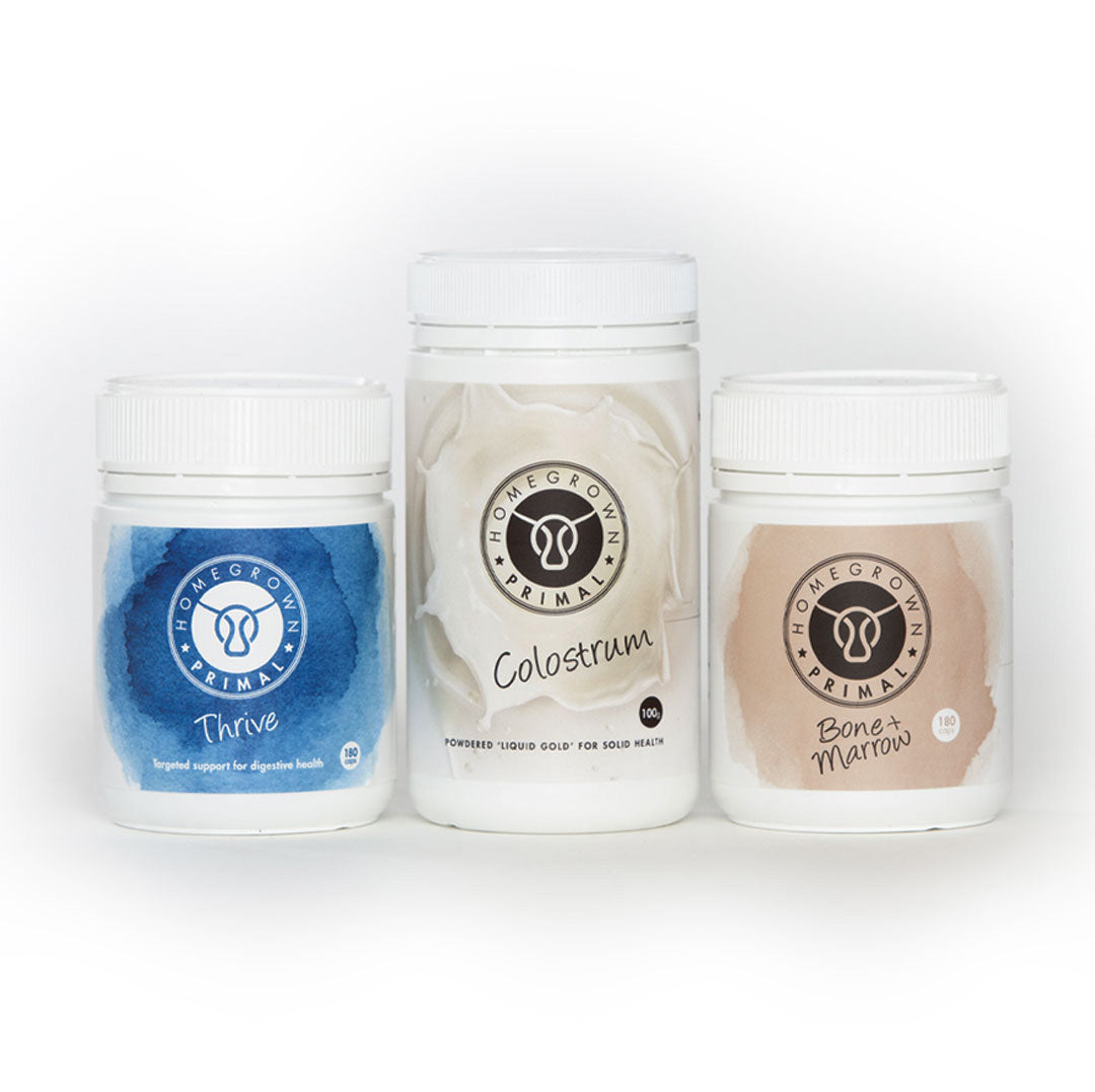 bundle of Thrive, Colostrum and Bone + Marrow. for gut health.