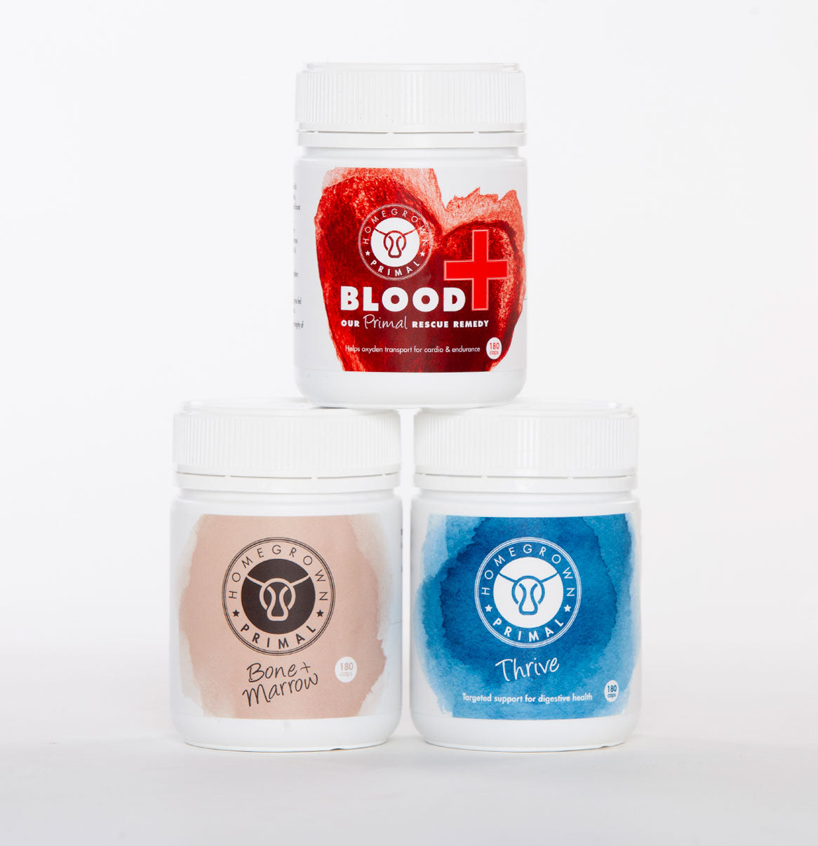 Three supplement bottles of Homegrown Primal Iron Stack, including Blood+, Thrive, and Bone + Marrow, displayed against a white background with a grass-fed beef logo."
"Close-up of Homegrown Primal Blood+ supplement bottle, labeled as a grass-fed beef blood supplement rich in heme iron and vitamin B12."