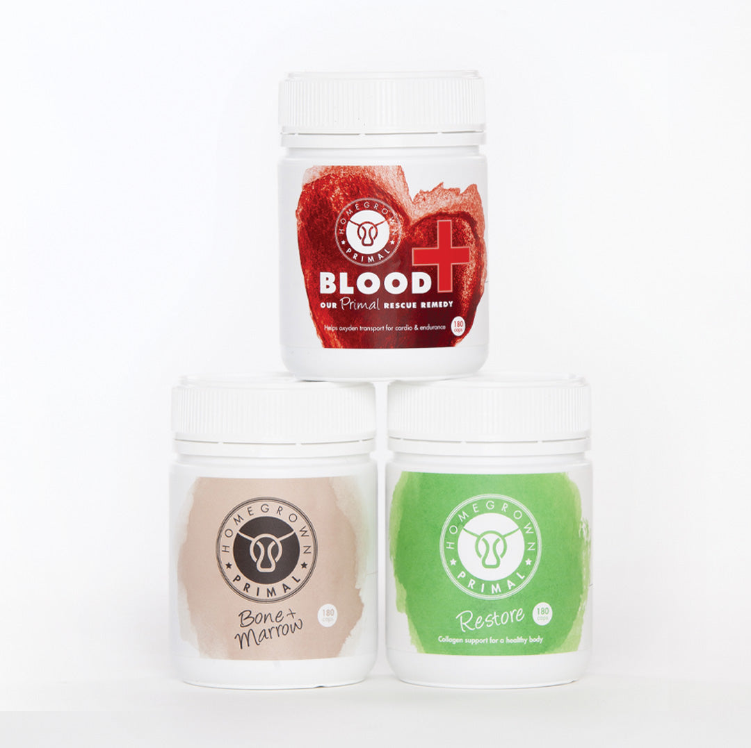 recovery bundle; dense with bone and Marrow, blood, spleen, liver and collagen. NZ grass fed beef.
