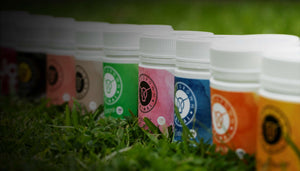 A range of Homegrown Primal supplements lined up on grass.