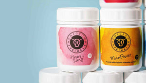 A close up of our Heart + Lung and ManPower supplements.
