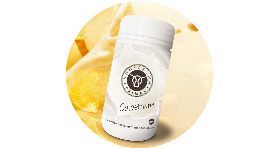 Colostrum Powder by Homegrown Primal shown floating in gold liquid