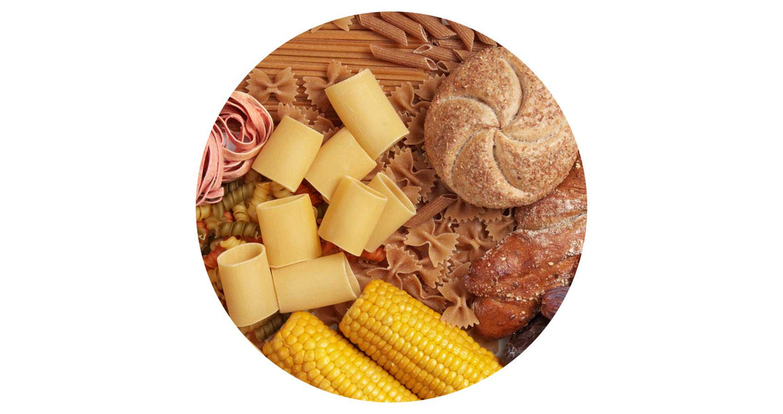 Platter of different types of fibre (pasta, bread etc)