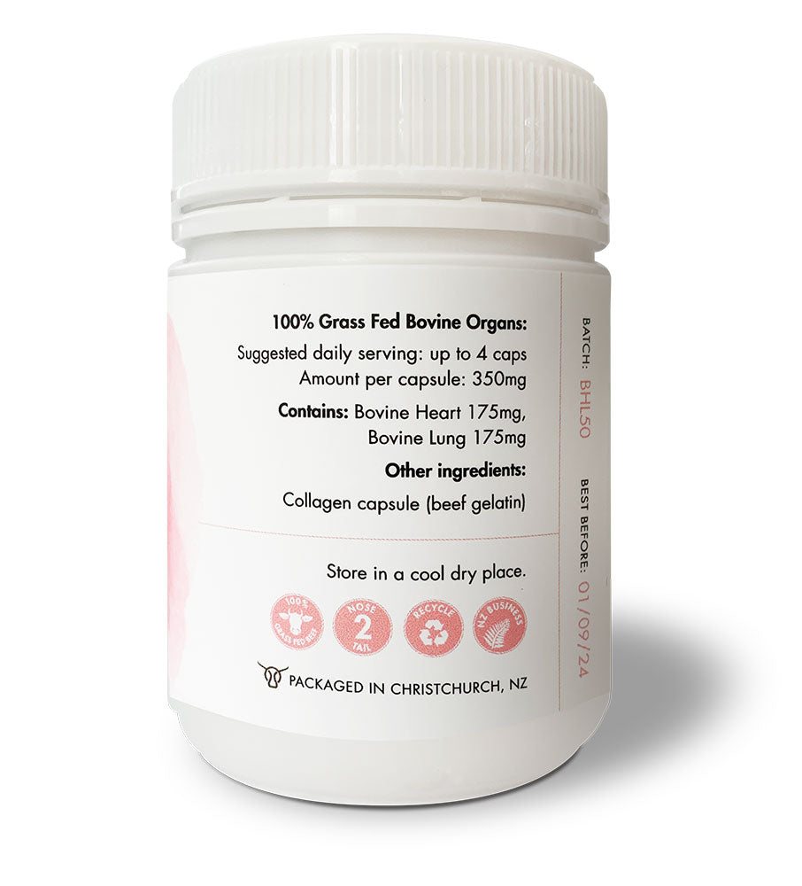 Heart + Lung Supplements, Bovine Heart, Bovine Lung, Homegrown Primal supplements in a capsule