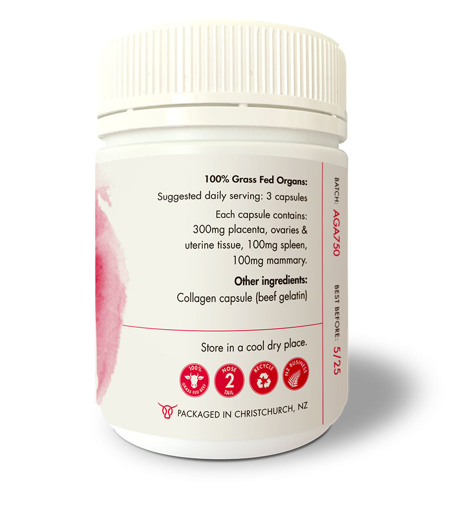 Placenta, Ovaries, uterine tissue, Spleen, Mammary supplement mix in a capsule, Homegrown Primal, Mojo for Women