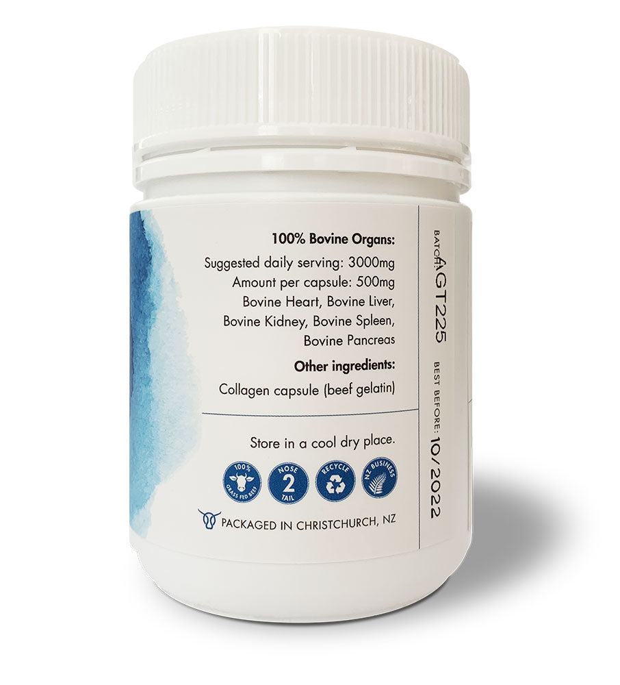 Bovine Hear, Liver, Kidney, Spleen & Pancreas supplement mix in a capsule, Homegrown Primal Thrive supermix